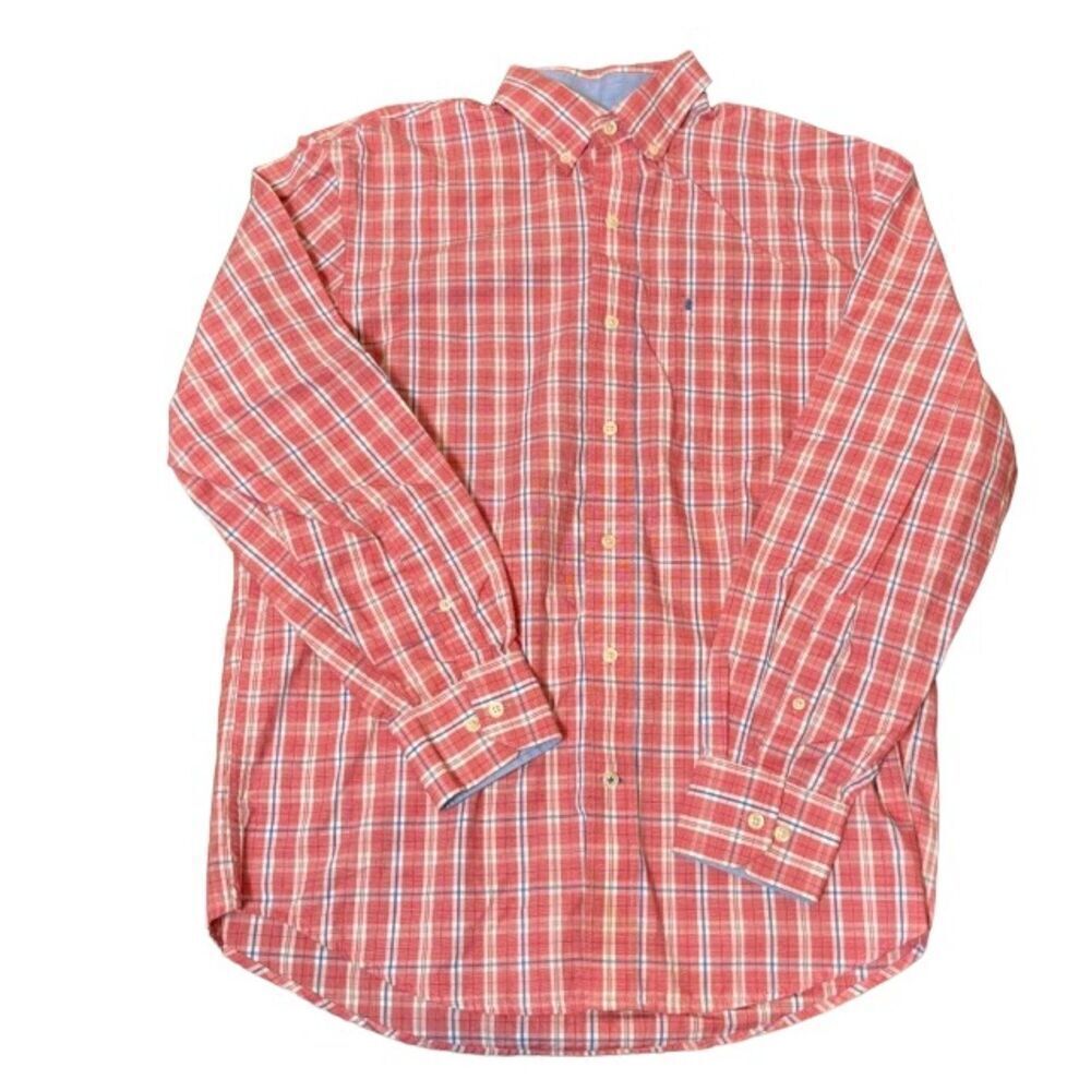 IZOD‎ Button Down Long Sleeve Shirt Plaid Coral Red Blue Medium